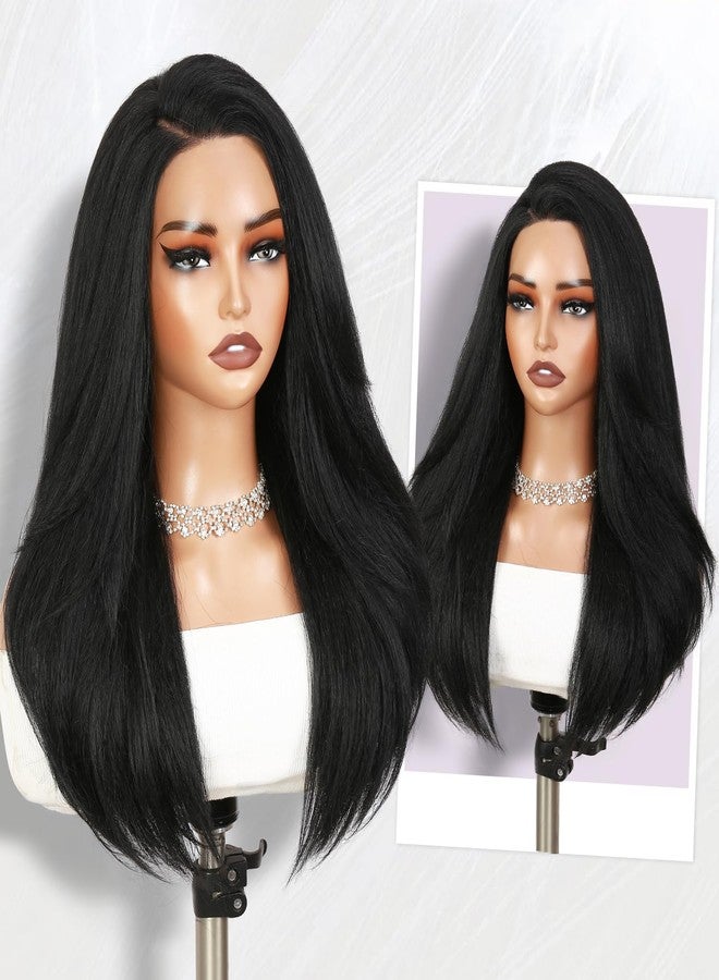 WIGER Straight Lace Frontal Wigs for Black Women Yaki Straight Layered Wigs 13X6 HD Lace Front Wig Long Synthetic Blow Out Hair for Daily or Events Salon-trimmed Hairstyle - Image 2